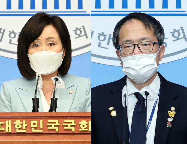 국민의힘 전주혜(왼쪽) 의원과 더불어민주당 박주민 의원이 27일 서울 여의도 소통관에서 김오수 검찰총장 후보자 인사청문회 파행과 관련해 각 당 법제사법위원회 위원들의 입장을 밝히고 있다. 연합뉴스