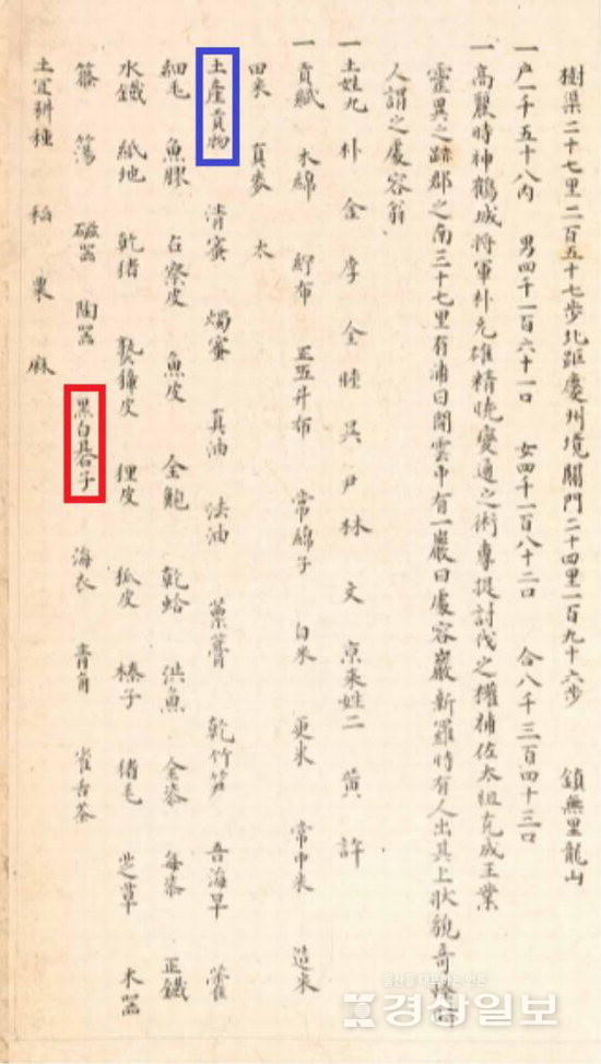 ▲  울산군. 토산공물조에 ‘黑白碁子’가 있다