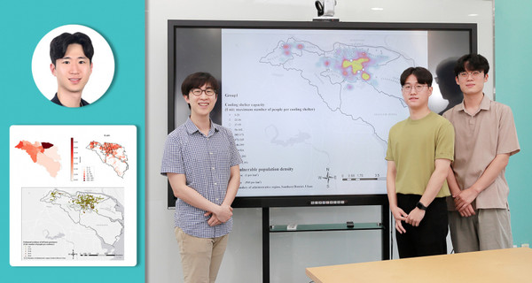 울산 남구 무더위쉼터 입지를 제안한 UNIST 연구진. 권상진 교수, 김재성, 윤석호 학생(왼쪽부터), 그리고 우승옥 학생(원안)