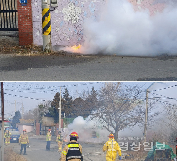 10일 오전 10시44분께 울산 남구 장생포 인근 도로 맨홀에서 화재 및 원인을 알 수 없는 연기가 다량 발생하고 있다.