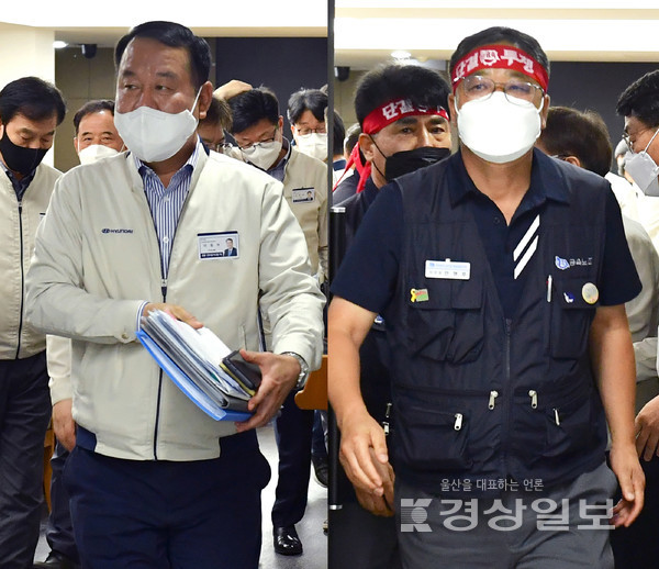 지난 12일 현대자동차 울산공장 본관 동행룸에서 ‘2022년 임금협상 잠정합의’를 마친 노사 대표가 협상장을 나서고 있다.