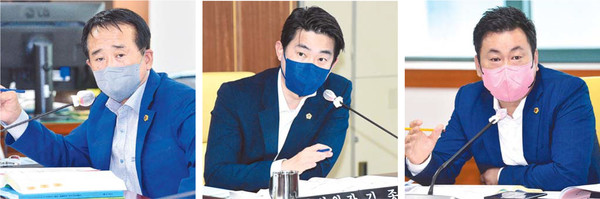 울산시의회는 제233회 임시회 상임위원회 활동기간인 30일 문화체육관광국, 시민건강국 등에 대한 추경안 심사를 진행하고 취약계층 예산과 반구대암각화 관련 국비 전액 삭감 등을 집중적으로 살펴봤다. 사진은 안수일 의원, 김종훈 의원, 안대룡 의원(왼쪽부터).