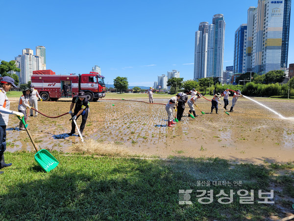 울산남부소방서 의용소방대는 제11호 태풍 힌남노로 피해를 입은 태화강 일원에 나가 환경정비를 실시했다.