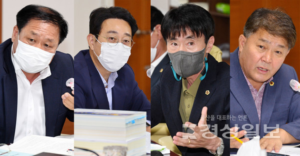 울산시의회(의장 김기환)는 19일 행정지원국, 자치경찰위원회 등에 대한 2021회계연도 결산심사와 2022년도 행정사무감사계획서 의결의 건 및 조례안 등 안건 심사를 실시했다. 사진은 행자위 김동칠 의원, 환복위 방인섭 의원, 산건위 백현조 의원, 교육위 이성룡 의원(왼쪽부터).
