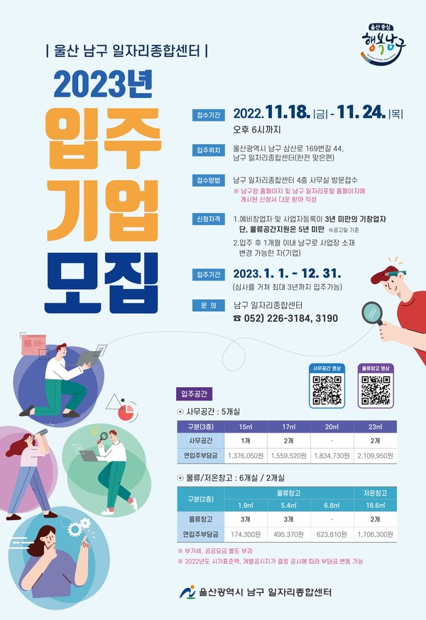 울산 남구 일자리종합센터가 오는 18일부터 24일까지 남구 일자리종합센터 내 사무공간, 물류창고, 저온창고에 입주할 2023년 예비창업자·스타트업 기업을 모집한다.
