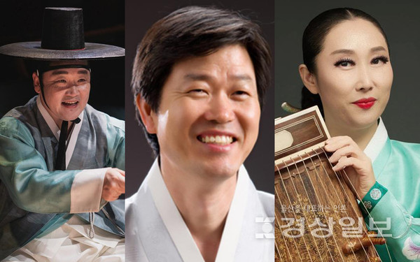 전북 무형문화재 제2호 판소리 중고제 수궁가 전수 조교 박천음 고수, 동부 민요 예능 보유자 박수관 명창, 국가무형문화재 제5호 판소리 이수자인 엄영진 대표(왼쪽부터)