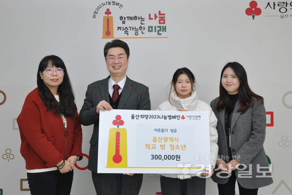 울산광역시학교밖청소년지원센터(센터장 허미경)는 울산사회복지공동모금회를 방문해 지난해 청소년들이 실물경제체험을 통해 마련한 수익금 30만원을 전달하였다. 