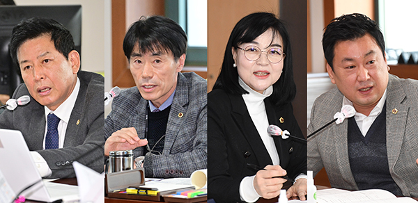울산시의회는 21일 각 상임위별 소관 주요업무보고 청취, 주요현안 질의 및 조례안 심사를 이어갔다. 사진은 질의하고 있는 홍유준·백현조·천미경·안대룡 의원(왼쪽부터).