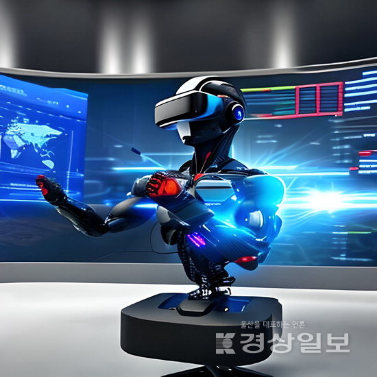 ▲ AI가 그린 사이보그가 뉴스룸에서 가상 모니터를 보면서, VR헤드셋을 착용하고 있는 그림.