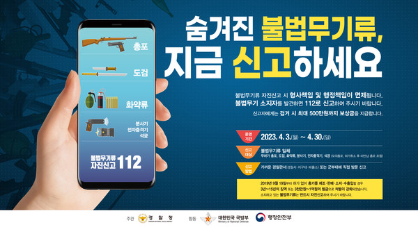 울산경찰청(청장 이호영)은 불법무기류로 인한 테러 및 범죄를 미리 방지하기 위하여 국방부·행정안전부와 합동으로 오는 4월3일부터 한 달간 1차 불법무기류 자진신고 기간을 운영한다.