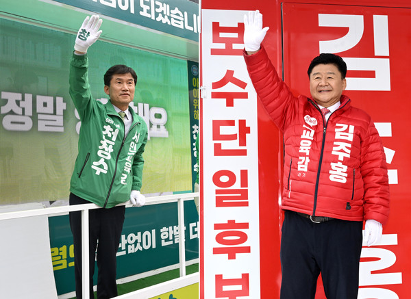 오늘은 새로운 울산교육감을 뽑는 날이다. 보수단일후보 김주홍 후보와 진보단일후보 천창수 후보가 울산 주요시가지를 돌며 마지막 지지호소를 하고 있다. 김경우·김동수기자