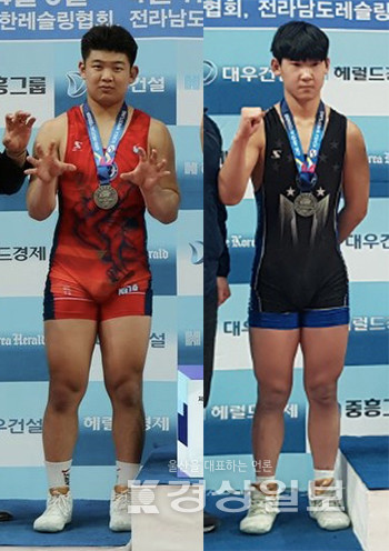 울산스포츠과학중학교 레슬링부 3학년 장은성(왼쪽)과 박수인이 제1회 헤럴드경제·코리아헤럴드배 전국레슬링대회에서 각각 은메달 2개와 1개를 목에 걸었다.