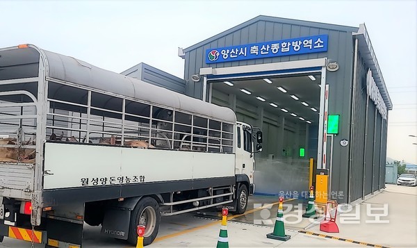 양산시 축산종합방역소가 구제로 차단을 위해 긴급방역을 벌이고 있다.