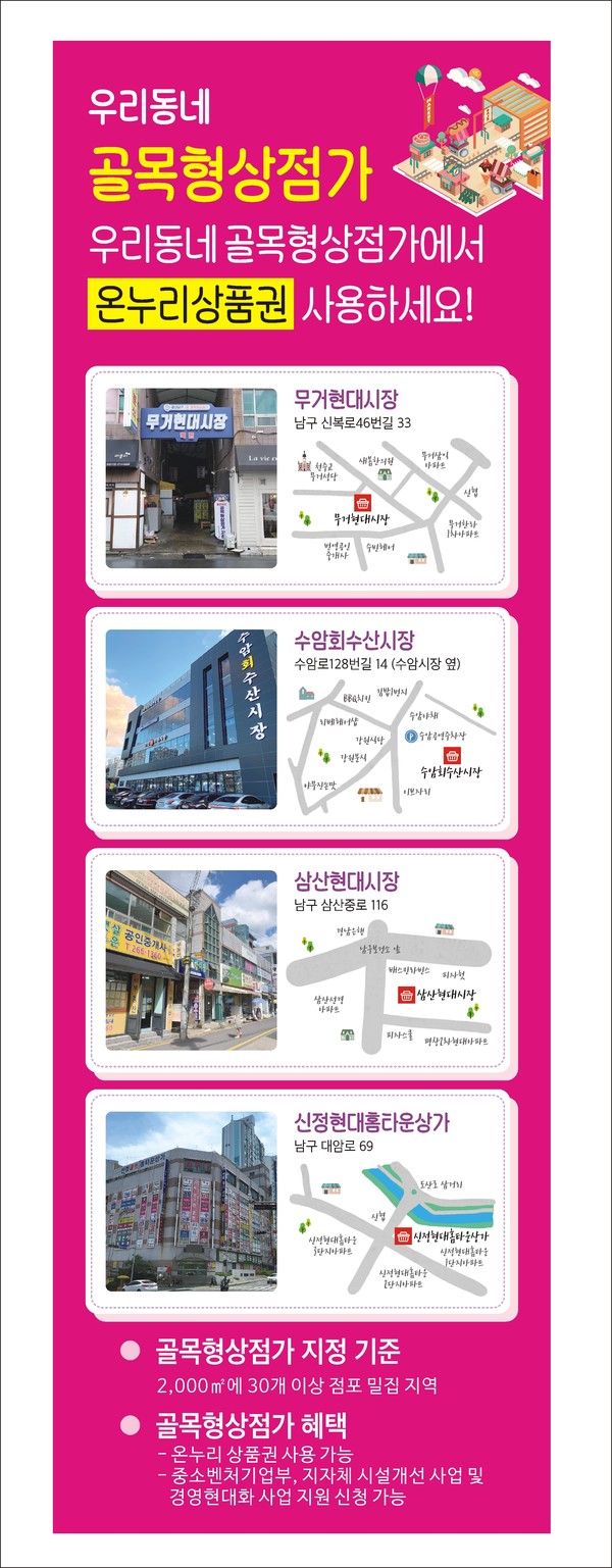 울산 남구가 15일부터 올해 처음으로 ‘(골목형)상점가 특화 지원사업’을 공모한다고 밝혔다.