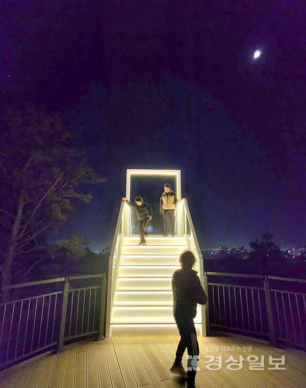 울산 중구 성안동 ‘달빛을 품은 야경누리길’에 설치된 천국의 계단이 야간조명으로 화려화게 빛나고 있다. 김동수기자 dskim@ksilbo.co.kr