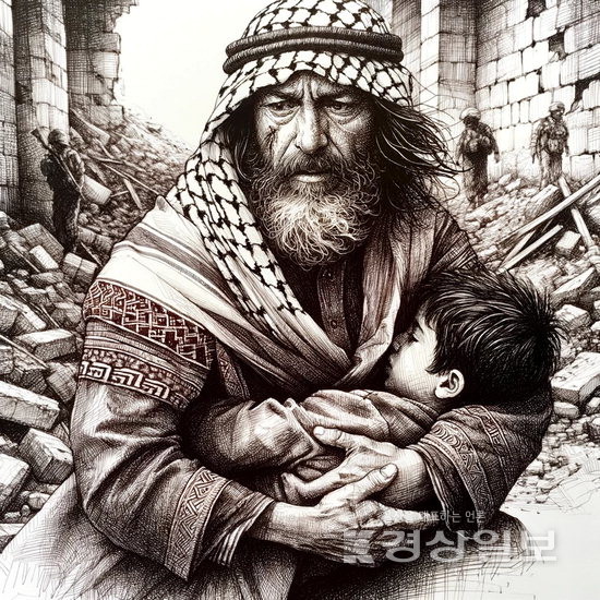 ▲ ChatGPT의 DALL.E3가 그린 ‘무너진 건물에서 팔레스타인 아이를 안고 있는 남자, 펜화’.