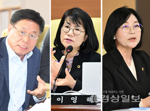 9일 열린 울산시의회 행정사무감사에서 질의하고 있는 김동칠·이영해·천미경 시의원(왼쪽부터).