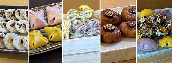 녹두부꾸미, 보자기떡, 채소과, 인삼우메기, 블루베리호박구름떡·화병(왼쪽부터)