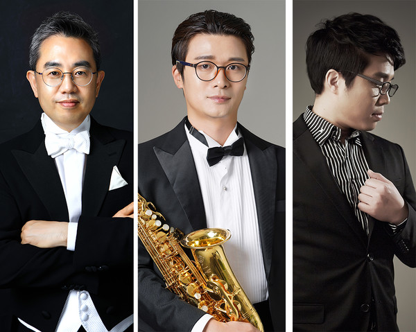 박동희 울산시립합창단 예술감독 겸 지휘자, 색소포니스트 윤여민, 타악기 연주자 고동현(왼쪽부터)