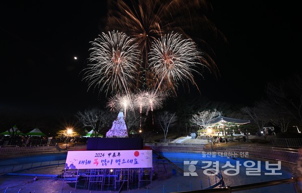 1일 울산대공원에서 열린 제야행사에서 2024년을 알리는 축포가 밤하늘을 수놓고 있다. 김동수기자 dskim@ksilbo.co.kr 