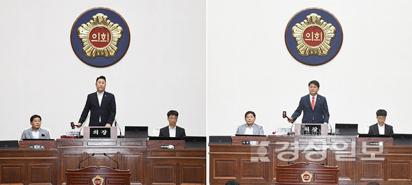 지난 9일 열린 제249회 울산시의회 임시회 제1차 본회의에서 이성룡 의장이 개회 선언을 하고 있다.(왼쪽) 이날 법원이 제8대 울산시의회 후반기 의장 선출 결의 효력 정지를 결정하며 직무가 정지된 이성룡 의장을 대리해 김종섭 제1부의장이 의장 직무대리로 산회 선언을 하고 있다. 울산시의회 제공