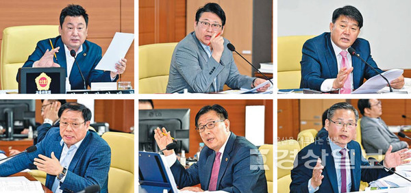 울산시의회 교육위원회는 7일 시의회 교육위원회 회의실에서 행정국 소관 업무에 대한 2024년도 행정사무감사를 실시했다. 왼쪽 위부터 시계방향으로 안대룡 위원장, 권순용 부위원장, 이성룡·문석주·김수종·김동칠 위원.   울산시의회 제공