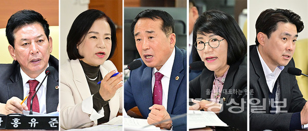 울산시의회 문화복지환경위원회는 12일 시의회 회의실에서 시민건강국·보건환경연구원 소관 업무에 대한 2024년도 행정사무감사를 실시했다. 왼쪽부터 홍유준 위원장, 손명희 부위원장, 안수일·이영해·김종훈 위원.  울산시의회 제공