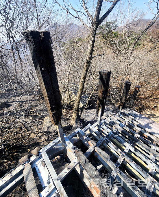 산불로 인해 불에 타버린 대운산 2봉 정상 인근의 목재데크.