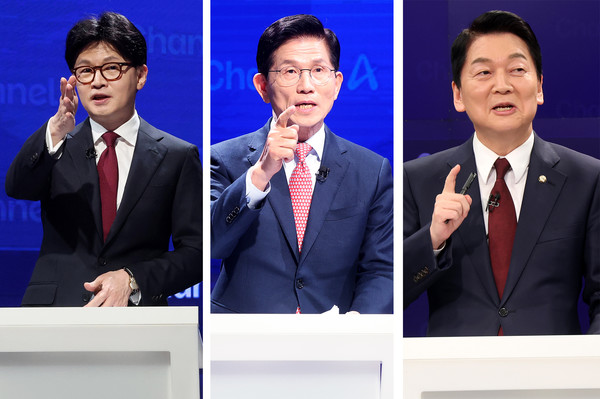 24일 서울 종로구 동아미디어센터 채널A 오픈스튜디오에서 국민의힘 대선 2차 경선 진출자 일대일 맞수 토론이 열렸다. 이날은 김문수 후보가 한동훈 후보를 상대로, 안철수 후보가 김 후보를 상대로 각각 주도권 토론을 진행했다. 연합뉴스