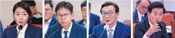 왼쪽부터 강선우 여성가족부 장관 후보자, 배경훈 과학기술정보통신부 장관 후보자, 전재수 해양수산부 장관 후보자, 정동영 통일부 장관 후보자가 14일 국회 인사청문회에 참석해 답변하고 있다. 연합뉴스
