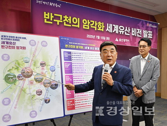 ▲ 김두겸 울산시장과 이순걸 울주군수가 15일 울산시청 프레스센터에서 반구천의 암각화 세계유산 비전을 발표하고 있다. 김동수기자