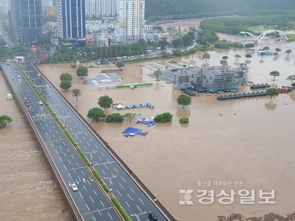 19일 울산지역에 호우경보가 발효되는 등 많은 비가 내린 가운데  울산시 남구  태화교 인근 둔치가 물에 잠겨 있다. 독자 최재훈 제공