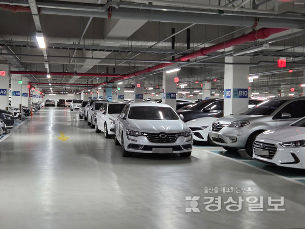 ▲ 26일 울산 울주군청 지하 1층 주차장에는 직원차량과 민원인 차량이 뒤섞여 곳곳에서 이중주차가 이뤄지고 있다.